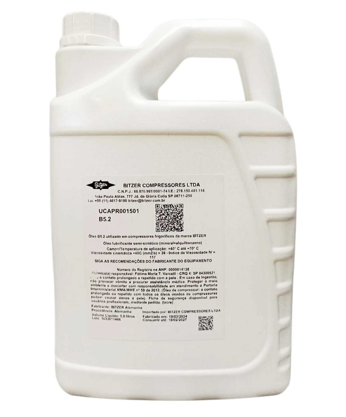 Óleo B-5.2 (5 Litros - Mineral + Alquilbenzeno) - Bitzer